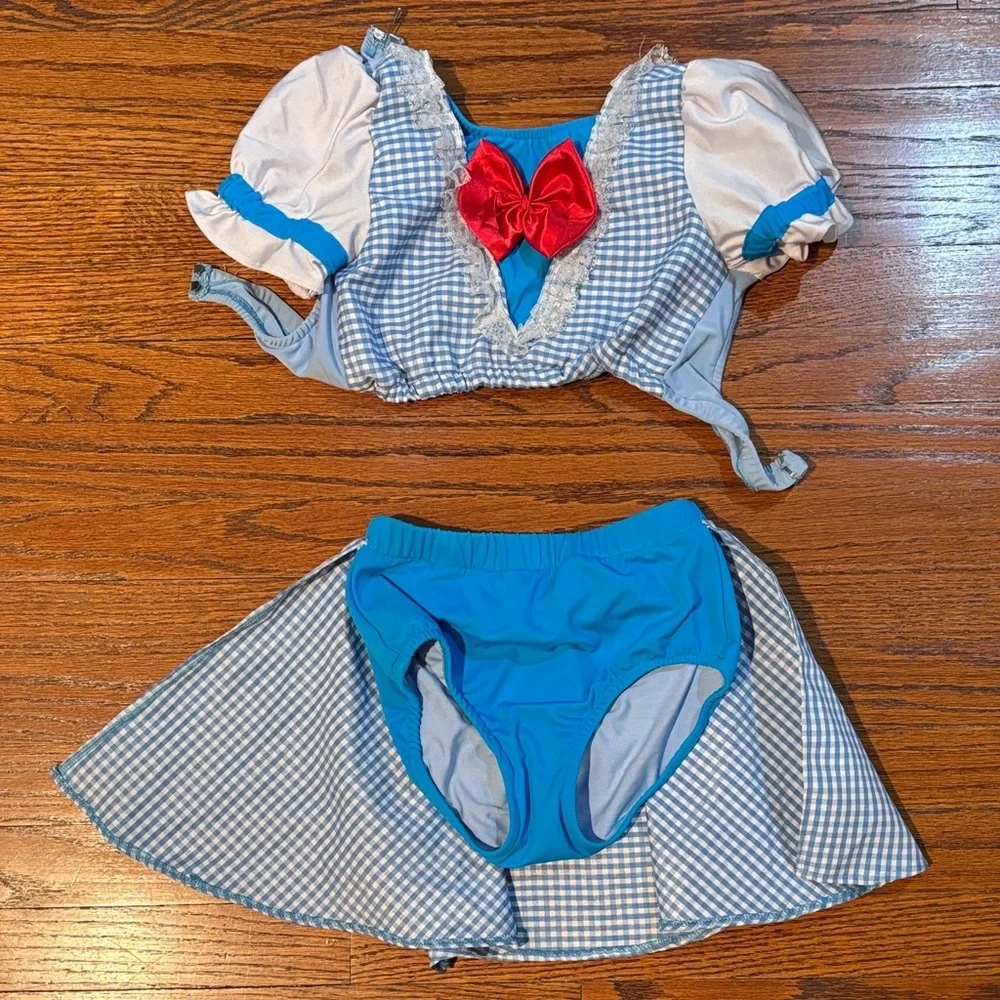 Blue Gingham Girls' Theater Costume Set with Red Bow